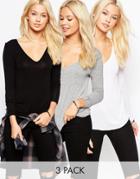 Asos The New Forever T-shirt With Long Sleeves In Soft Touch 3 Pack Save 16%
