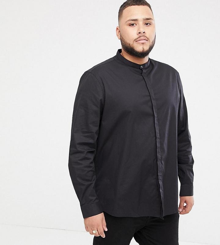 Asos Design Plus Regular Fit Shirt With Grandad Collar & Popper In Black