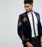 Asos Tall Skinny Blazer In Navy Velvet With Embroidery - Navy
