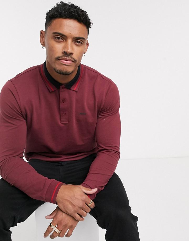 Hugo Donol Long Sleeve Tipped Polo In Burgundy-red