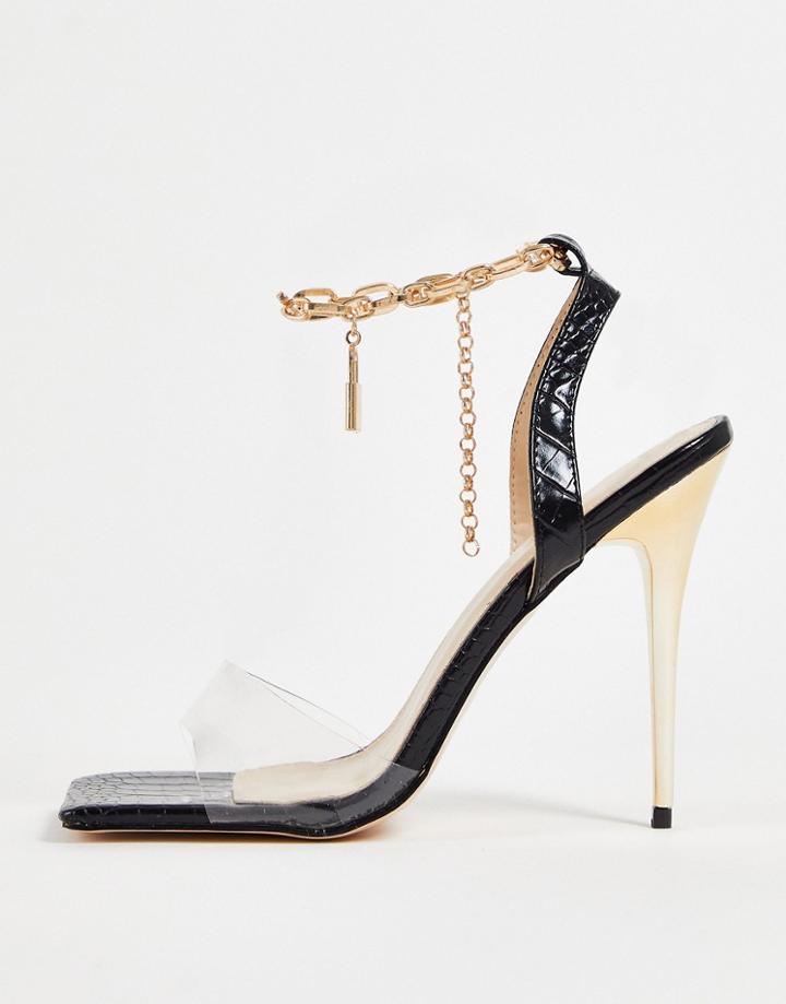 Public Desire Superior Lock Chain Detail Ankle Strap Stiletto Heel Sandals Black Croc Pu