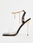 Public Desire Superior Lock Chain Detail Ankle Strap Stiletto Heel Sandals Black Croc Pu