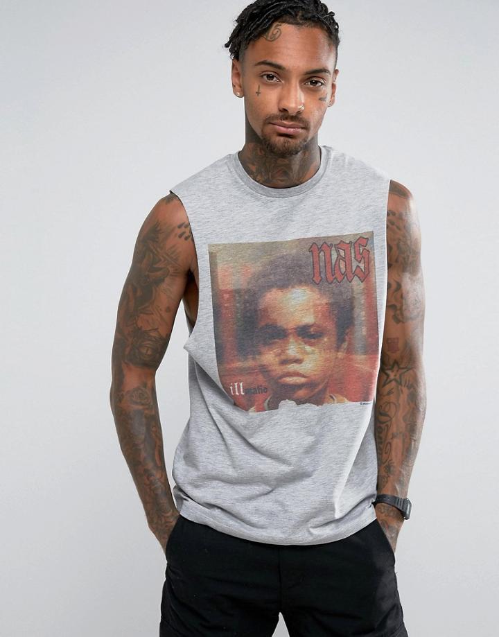 Asos Nas Longline Sleeveless Band T-shirt With Dropped Armhole And Photo Print - Gray