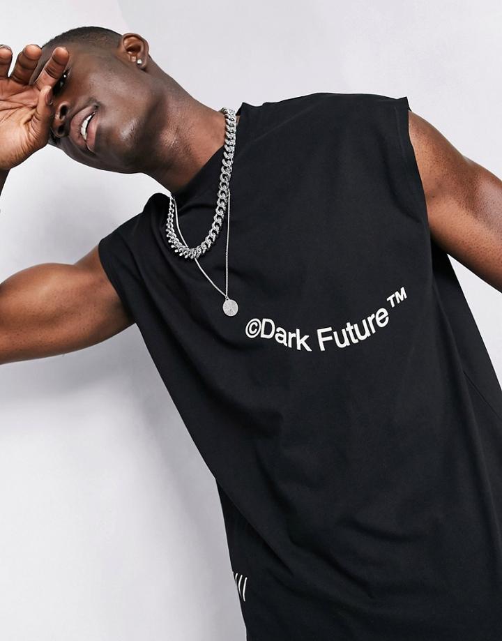 Asos Dark Future Oversized Sleeveless T-shirt In Black With Planet Earth Logo Print