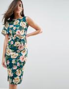 Asos Floral Asymmetric One Shoulder Cape Bodycon Midi Dress-multi