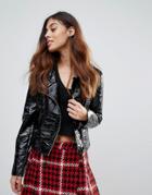 Brave Soul Slick Biker Jacket In Patent Crinkle - Black