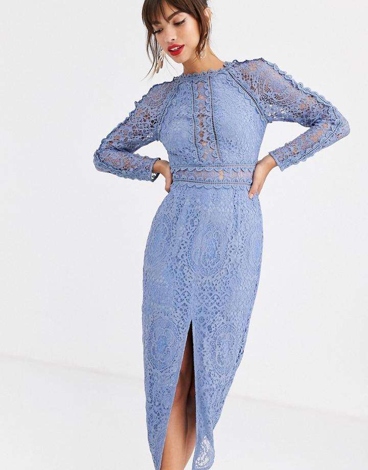 Asos Design Long Sleeve Pencil Dress In Lace With Geo Lace Trims-blue