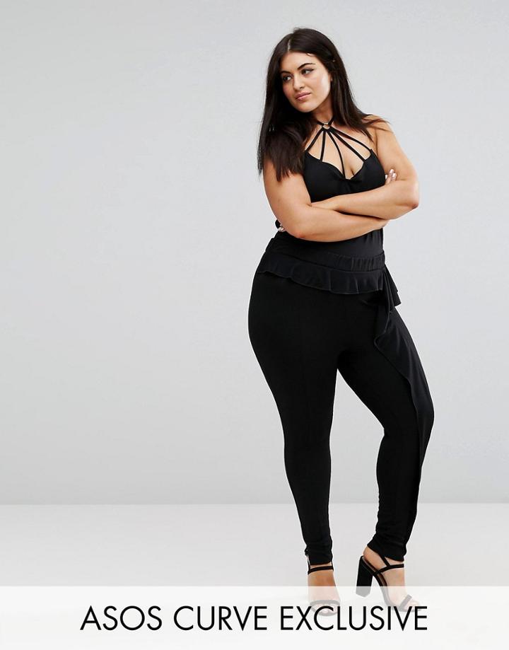 Asos Curve Exclusive Ruffle Pant In Ponte - Black