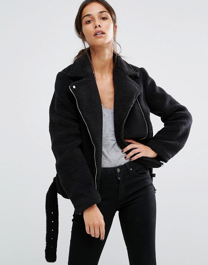 Missguided Faux Shearling Aviator Jacket - Black