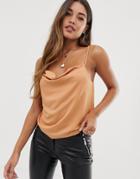 Asos Design Cowl Neck Cami In Satin - Tan