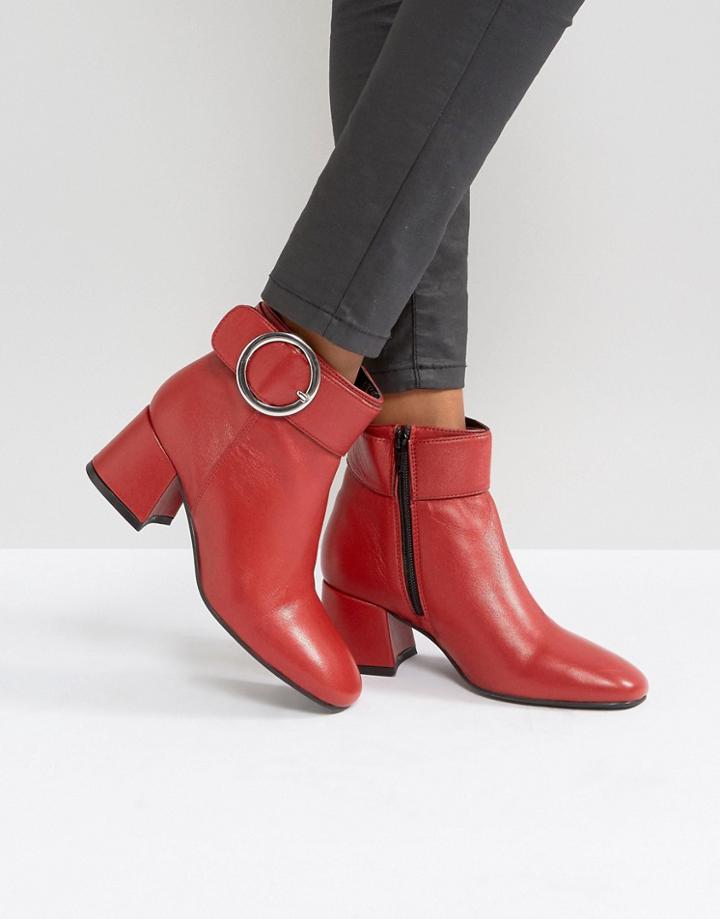 Park Lane Buckle Kitten Heel Leather Boot - Red