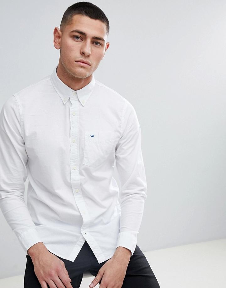 Hollister Poplin Icon Seagull Logo Button Down Collar Stretch Slim Fit Pocket Shirt In White - White