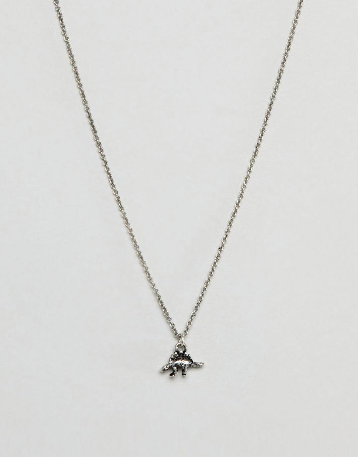 Asos Design Necklace In Burnished Silver With Ditsy Dinosaur - Silver