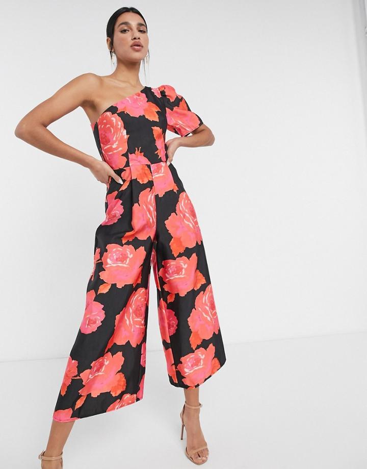 Asos Design Structured One Shoulder Jumpsuit In Bold Floral-multi