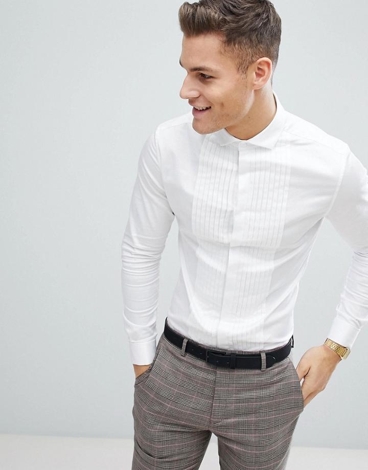 Asos Wedding Skinny Fit Sateen Shirt With Pleat Detail In White With Double Cuff - White