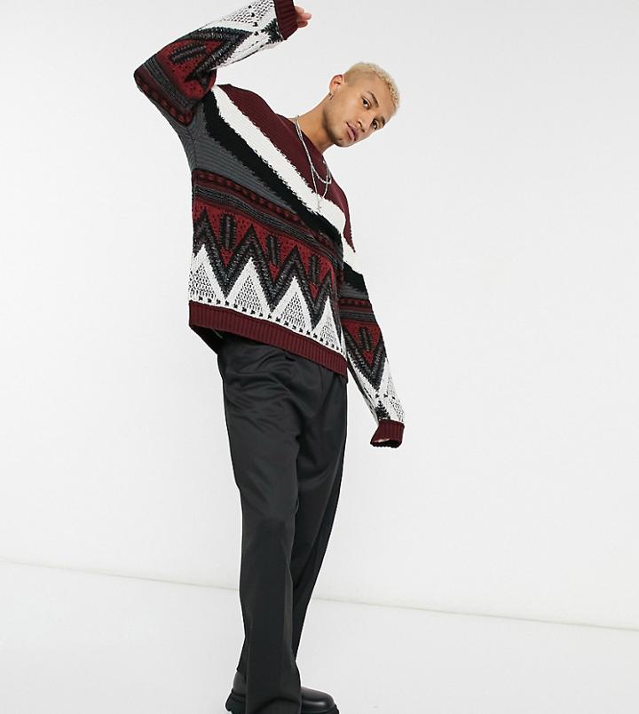 Asos Design Knitted Oversized Sweater With Aztec Pattern In Burgundy-red