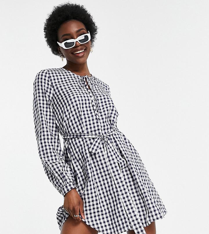 Urban Threads Tall Tie Waist Shirt Dress In Blue Gingham-blues