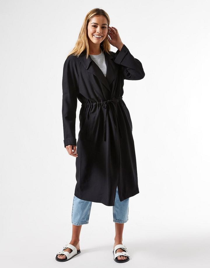Miss Selfridge Longline Coat With Waist Tie In Black