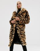 Asos Design Tiger Faux Fur Longline Coat - Multi