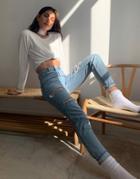 Topshop Double Rip Mom Jeans In Bleach-blues