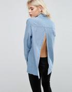 Asos Denim Shirt With Open Back In Mid Wash Blue - Blue