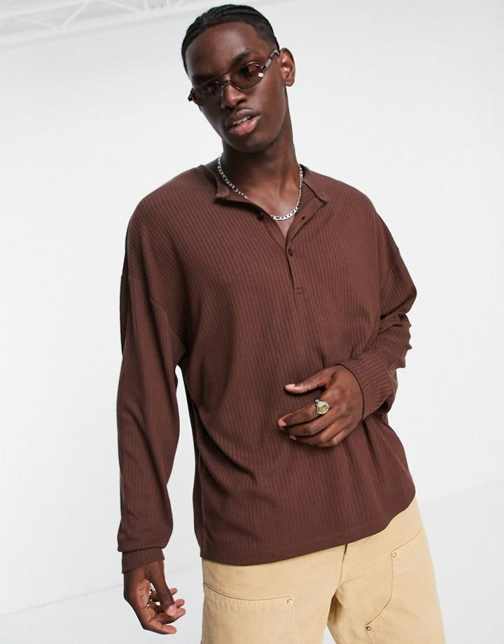 Asos Design Oversized Rib Long Sleeve T-shirt With Grandad Collar In Brown