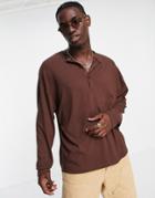 Asos Design Oversized Rib Long Sleeve T-shirt With Grandad Collar In Brown