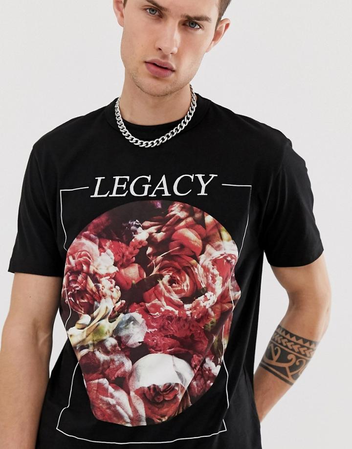 Asos Design T-shirt With Floral Print And Embroidery Slogan - Black