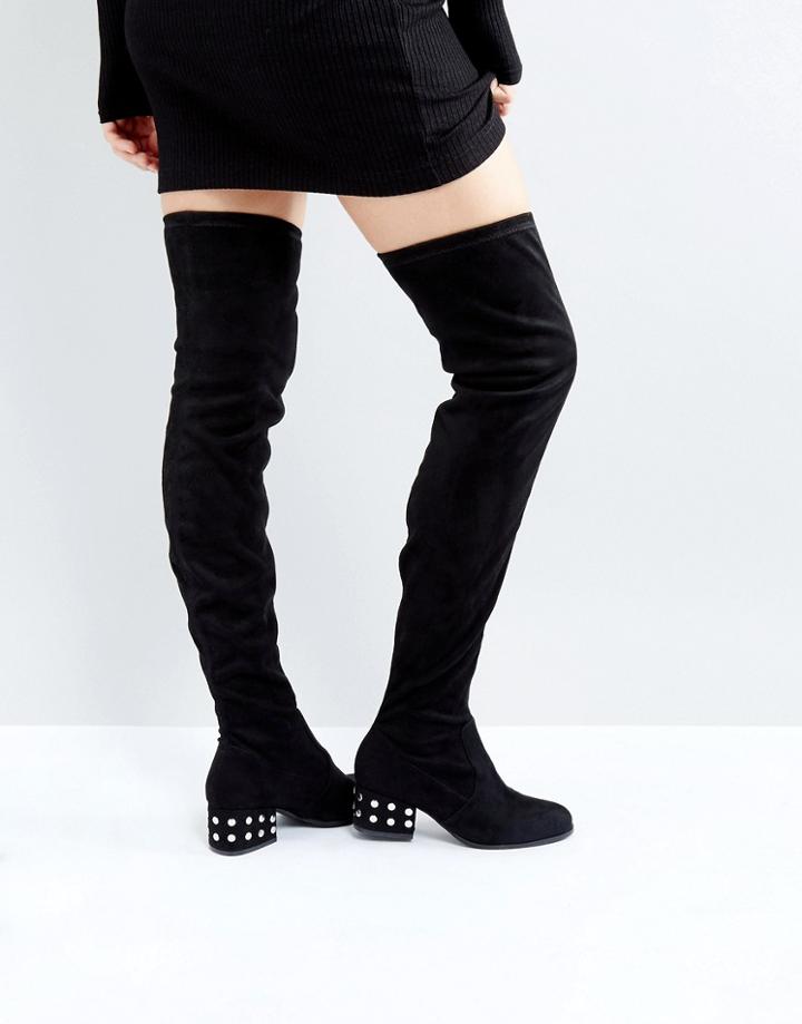 London Rebel Silver Stud Kitten Heel Over Knee Boot - Black