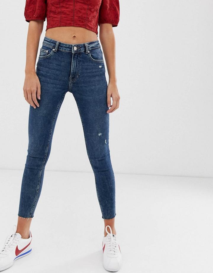 Bershka Skinny 5 Pocket Jean In Dark Blue - Blue