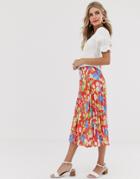 Twisted Wunder Pleated Midi Skirt In Red Floral Print - Red