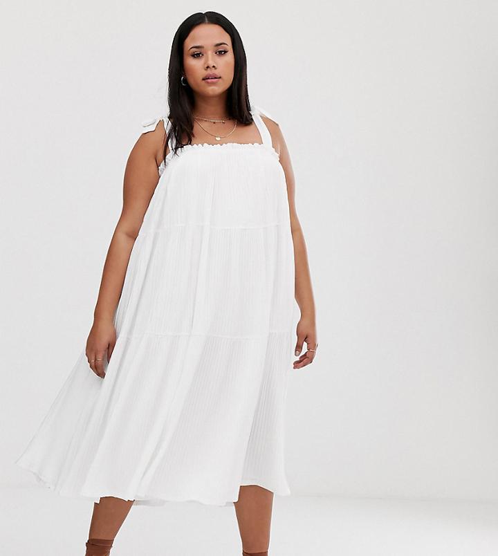 Asos Design Curve Pleated Midi Sundress With Tie Straps-white