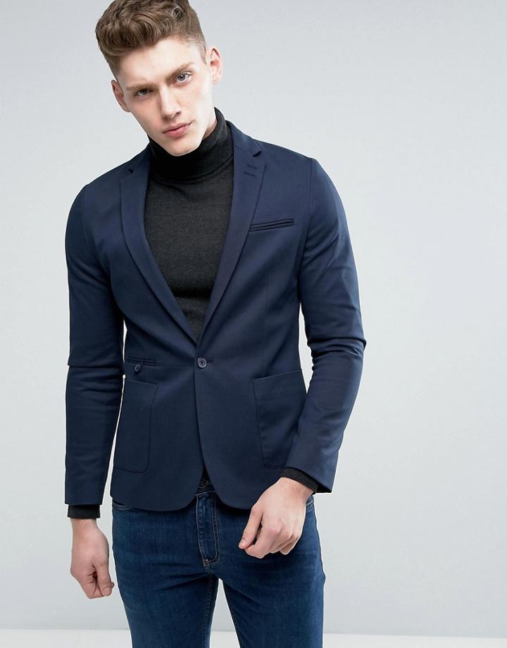 Asos Skinny Blazer In Navy Cotton - Navy