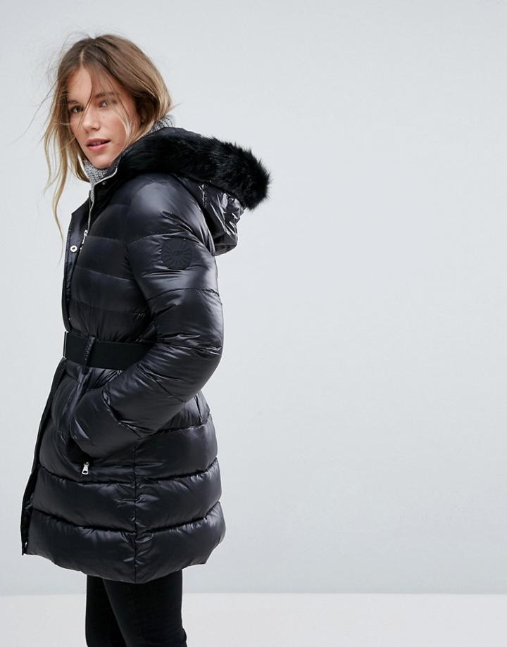 Ugg Belted Down Jacket With Removable Toscana Faux Fur Hood - Black