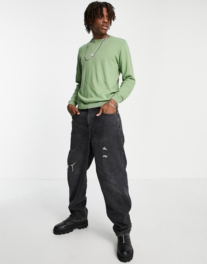 Asos Design Knitted Cotton Sweater In Sage Green