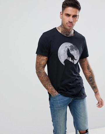 Just Junkies Wolf And Moon Print T-shirt - Black