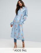Asos Tall Printed Coat In Ornate Floral - Blue