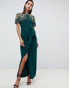 Virgos Lounge Ariann Embellished Maxi Dress With Frill Wrap Skirt In Emerald Green - Green