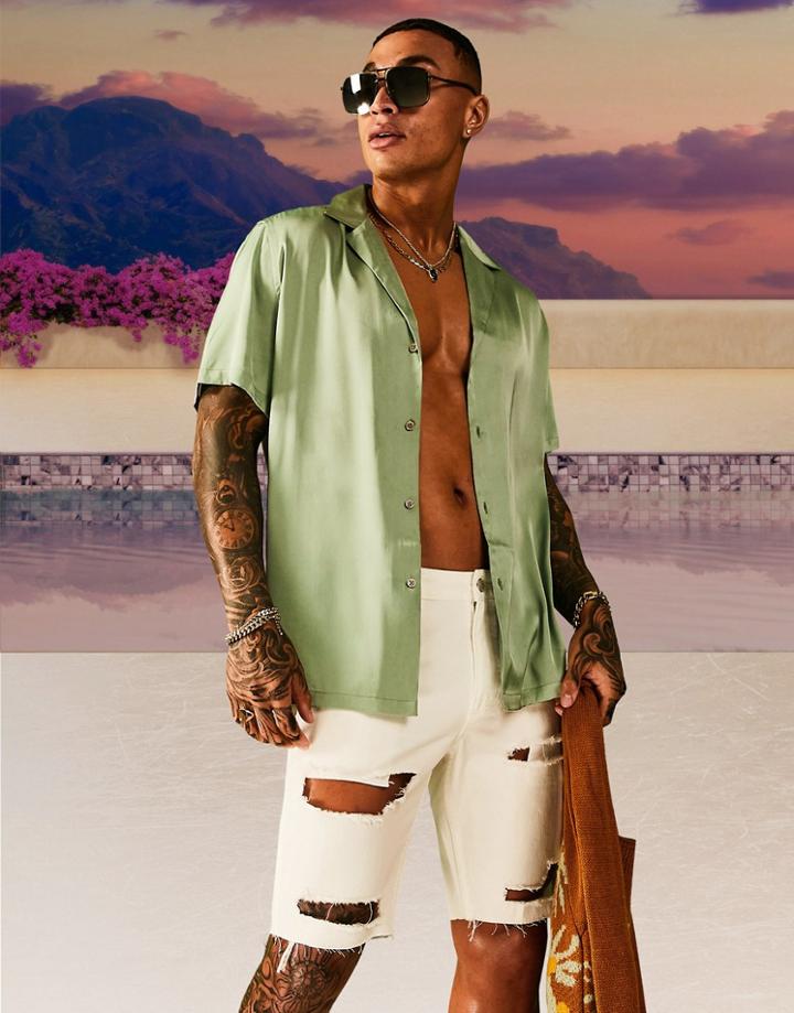 Asos Design Relaxed Fit Satin Shirt In Dark Sage-green