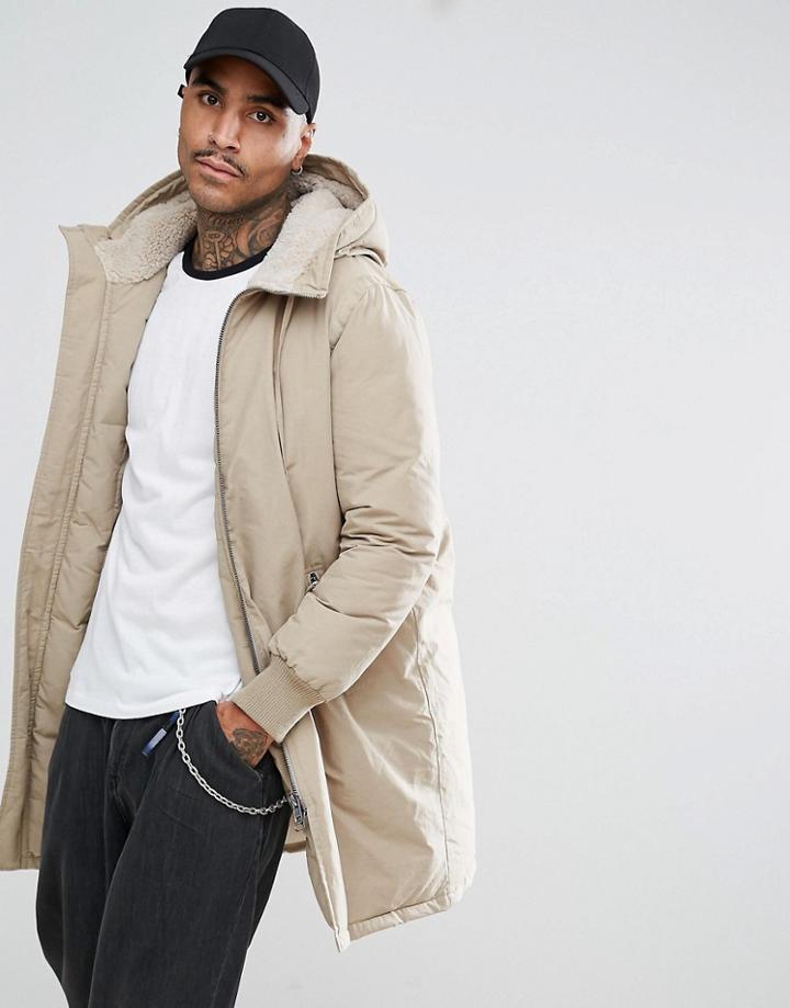 Asos Heavyweight Parka With Fleece Lined Hood In Stone - Stone