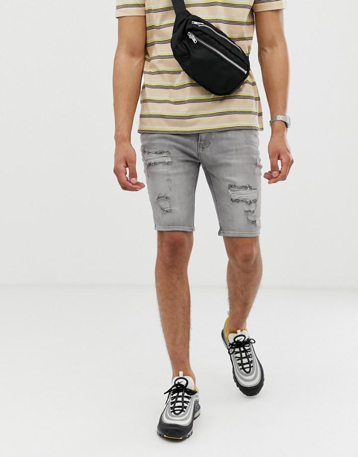 River Island Skinny Ripped Denim Shorts In Gray