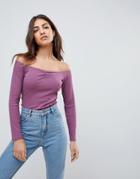Asos Off Shoulder Top In Fitted Rib - Purple
