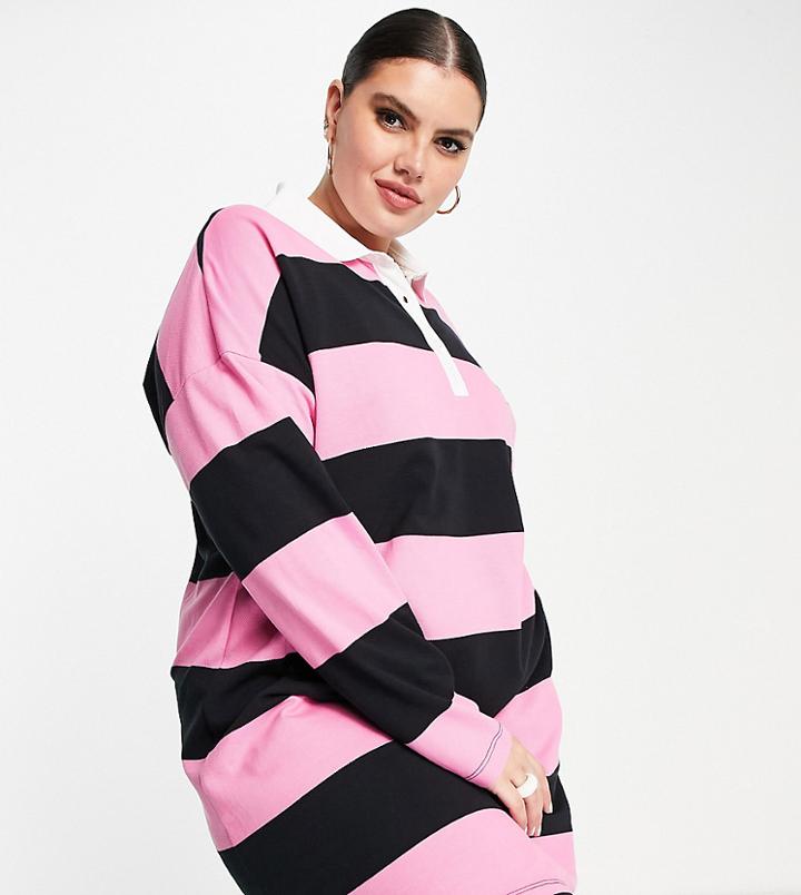 Asos Design Curve Long Sleeve Collared Shirt Mini Dress In Black And Pink Stripe