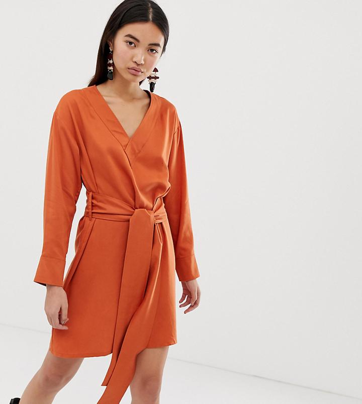Weekday Wrap Front Dress In Dark Orange