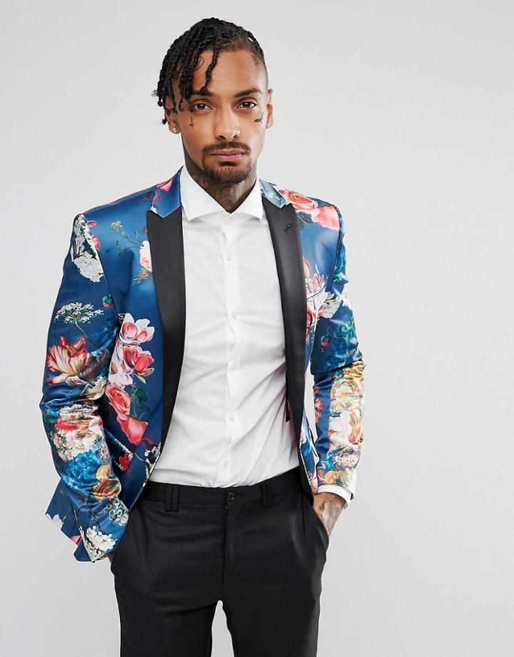 Asos Super Skinny Blazer In Bold Floral Print - Blue