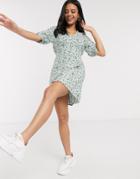 Miss Selfridge Ditsy Button Through Tie Sleeve Mini Dress In Green