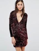Motel Meli Bodycon Dress In Sequin With Plunge Neck - Red