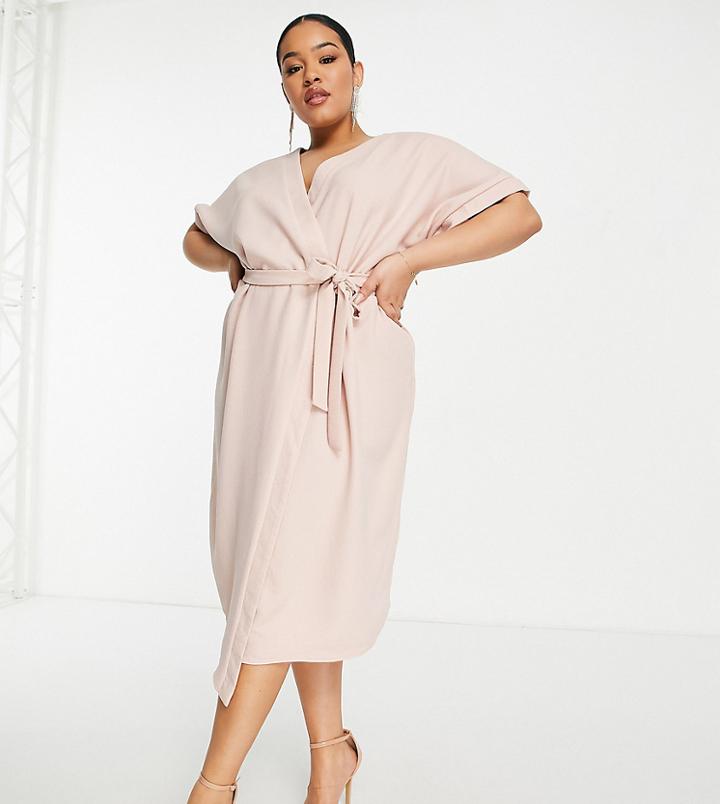 Asos Design Curve Wrap Midi Dress In Blush-pink
