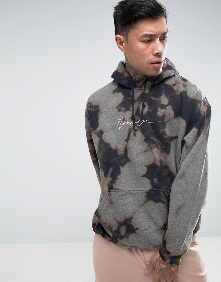 Mennace Oversized Hoodie In Black Bleach Wash With Embroidered Logo - Black