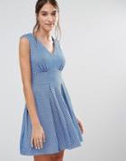Closet Polka Dot V Neck Pleat Dress - Blue